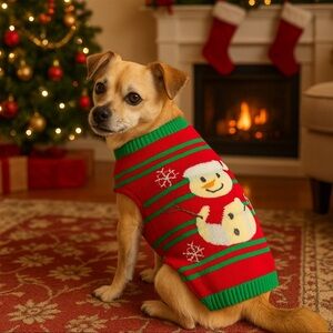 Festive Snowman Dog Sweater Medium 7x13 Red Green Holiday Knit Pet Outfit